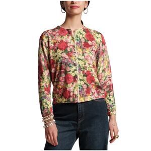 Frances Valentine Cardigan Chamomile Cluster Multi Floral Pearl Button EUC Wmn M